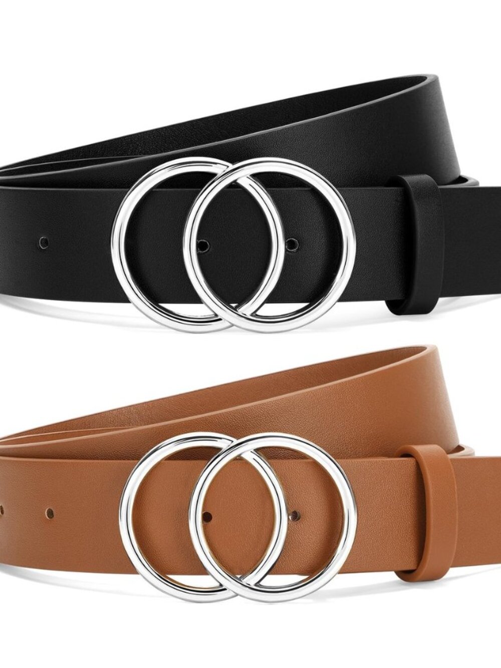 2 Pack Women Leather Belts Faux Leather Jeans Belt with Double O Ring Buckle